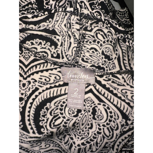 travelers CHICO'S Top Sz L (2) Black Wht Stretch Hem Tie 3/4 Slv Shirt Cover-up - Picture 7 of 7